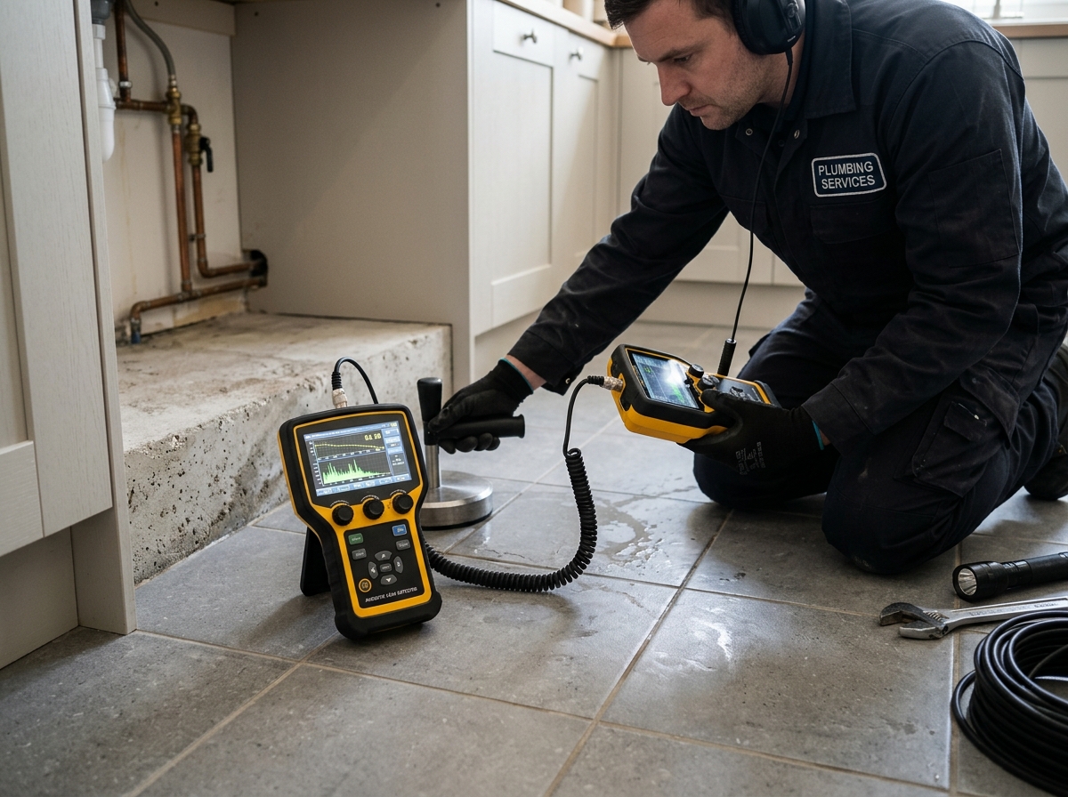 Plumbing technician compiling diagnostic slab leak report and documentation for insurance in Bradenton FL
