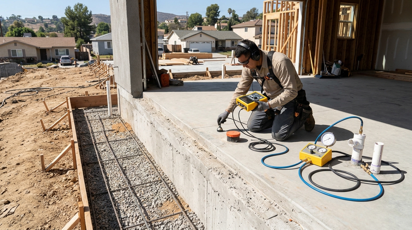 Slab leak repair technician in Bradenton Florida using electronic acoustic detection equipment on concrete floor